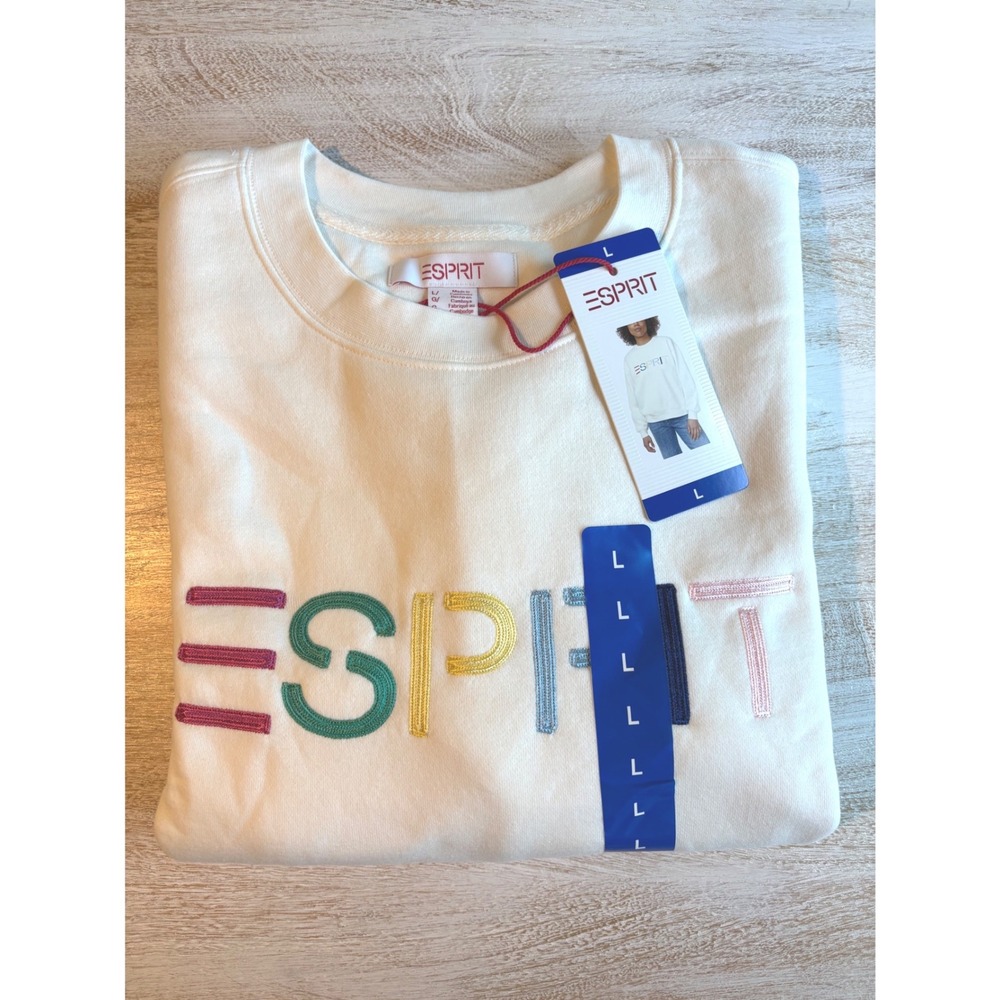 Esprit Size Large Sweatshirt Women Cream Rainbow Logo Crewneck retro 80s 90s - Picture 2 of 6